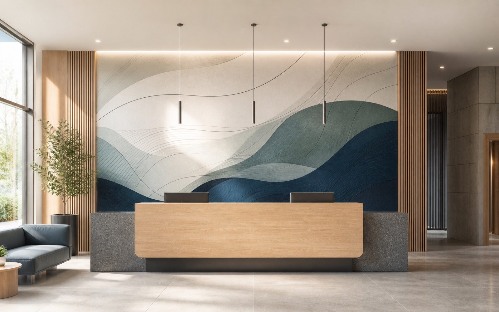 Espace de bureaux avec décor mural imprimé